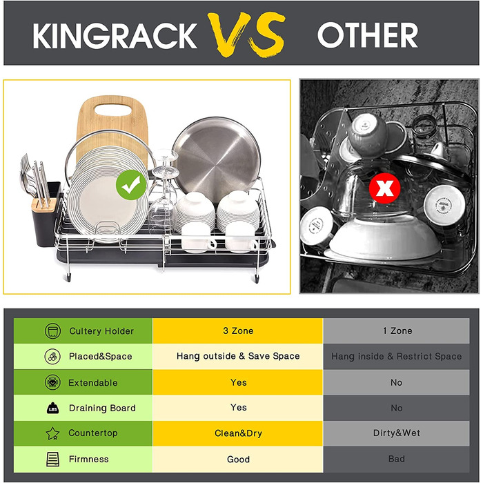 Розширюваний сушар для посуду Kingrack, регульований сушар для посуду, нержавіюча сушка для посуду з нержавіючої сталі 304, полиця для посуду зі знімним тримачем для столових приборів, поворотний злив, 1 шт.