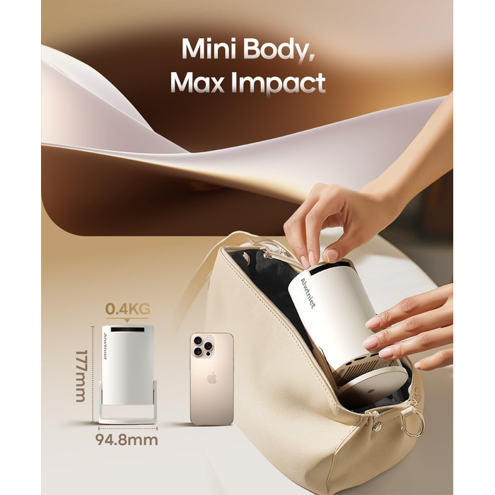 Міні-проектор Alwtniet 4K з Wi-Fi 6, Bluetooth 5.4, 5W динаміком, автоматичною корекцією трапецеїдальних спотворень, поворотним на 180°, портативний для дому та вулиці, Android 11 (ручний фокус)