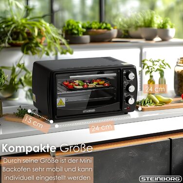 Міні-піч Steinborg® 13 літрів з крихтозбирачем, верхнє та нижнє нагрівання, 1200 Вт, таймер. Ідеально для кемпінгу або дому. Регулювання температури до 230°C