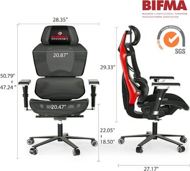 Ігрове крісло EUREKA ERGONOMIC дихаюче сітчасте з 4D підлокітниками чорно-червоне