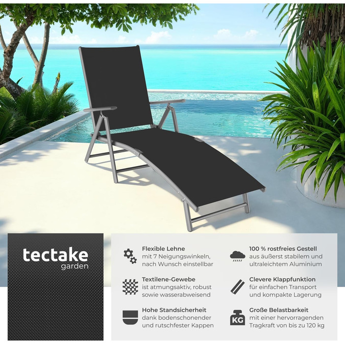 Шезлонг Tectake алюмінієвий, складний, з підлокітниками, регульована спинка, стійкий до погодних умов, для балкона, саду, тераси або кемпінгу - Сріблясто-сірий (Темно-сірий)
