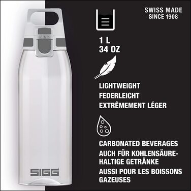 Повнокольорова прозора пляшка для пиття SIGG (1 л), що не містить забруднюючих речовин і герметична, легка і стійка до поломок пляшка для пиття