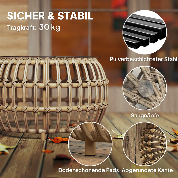 Outsunny Набір з 2 бічних столів Poly Rattan Ø66/42 см Круглий стійкий до погодних умов садовий стіл зі скляною стільницею Відкритий балконний столик Журнальний столик Садові меблі для саду, балкон коричневий
