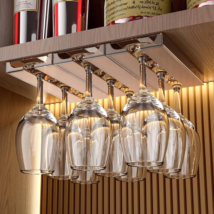 Тримач для келихів вина JUEGD (4 шт.) - настінна полиця для зберігання келихів, підставка для кухні, дому та бару (колір: коричневий)