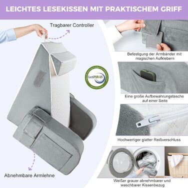 Велике подушко-крісло для читання Babenest з підлокітником, високоеластична піна, ергономічна підтримка спини, подушка для шиї та підголівник, подушка для рефлюксу для сну, ігор, перегляду телевізора для ліжка та дивану, білий та сірий