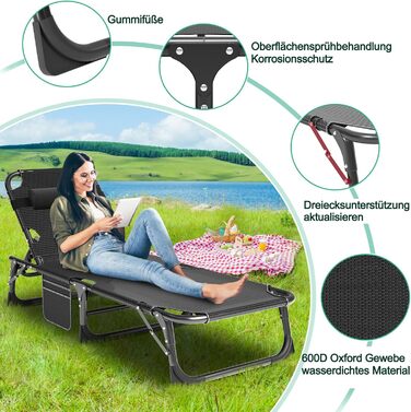 Складана сонячна лежак для саду, 200 кг, з матрацом та підголівником, блакитний. Підходить для балкону, саду, кемпінгу