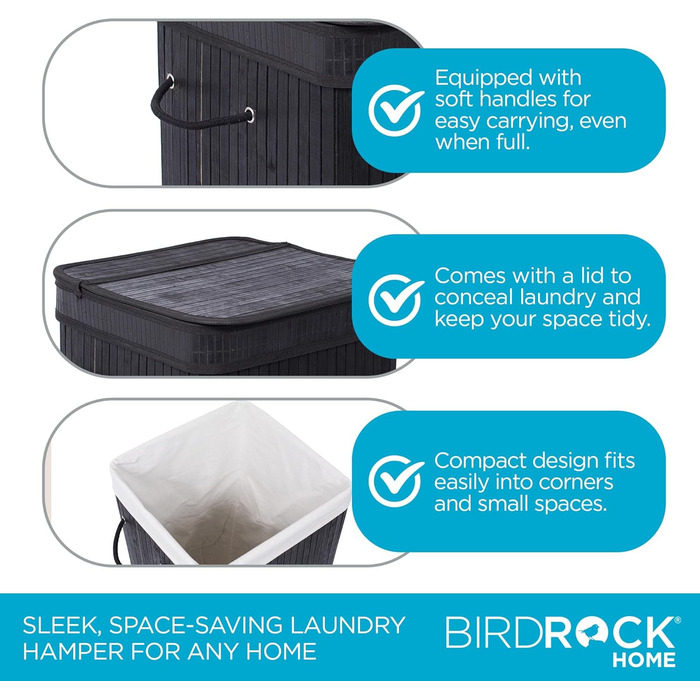Корзина для білизни BirdRock квадратна з кришкою та підкладкою з тканини, бамбук, чорна, з мотузковими ручками