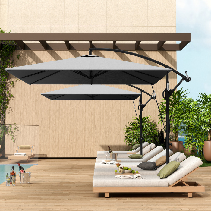 Парасолька Outsunny Centilever Ø260 см із захистом від ультрафіолету 50+ Водовідштовхувальна кривошипна парасолька з підставкою, чохлом, кривошипом, вітрозахисним склом, ринковою парасолькою Нахилена садова парасолька для балконного патіо сірого кольору |