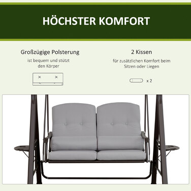 Садові качелі Голлівуд на двох з сонцезахисним навісом, подушками та столиком, металева рама, поліестер, сірий колір, розмір 162 x 118 x 173 см