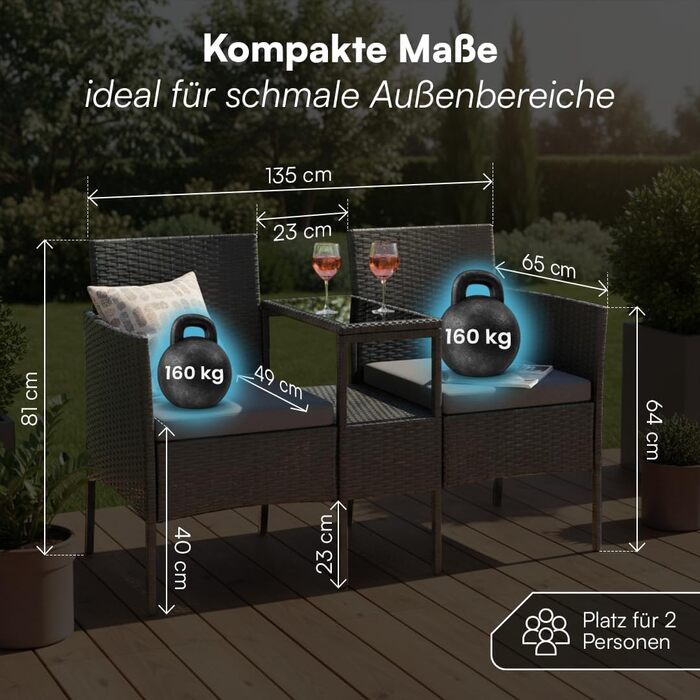 Садова лавка STEELSØN Velara з вбудованим столиком, ротангова 2-місна, чорна з подушками - вуличні меблі, стійкі до погодних умов, для тераси та балкона (до 320 кг), з скляною полицею, сталевий каркас