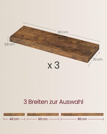 Настінна полиця VASAGLE, 3 шт. у наборі, вінтажний колір, 20 x 80 x 3,8 см, для фотографій, декору, вітальні, кабінету, кухні