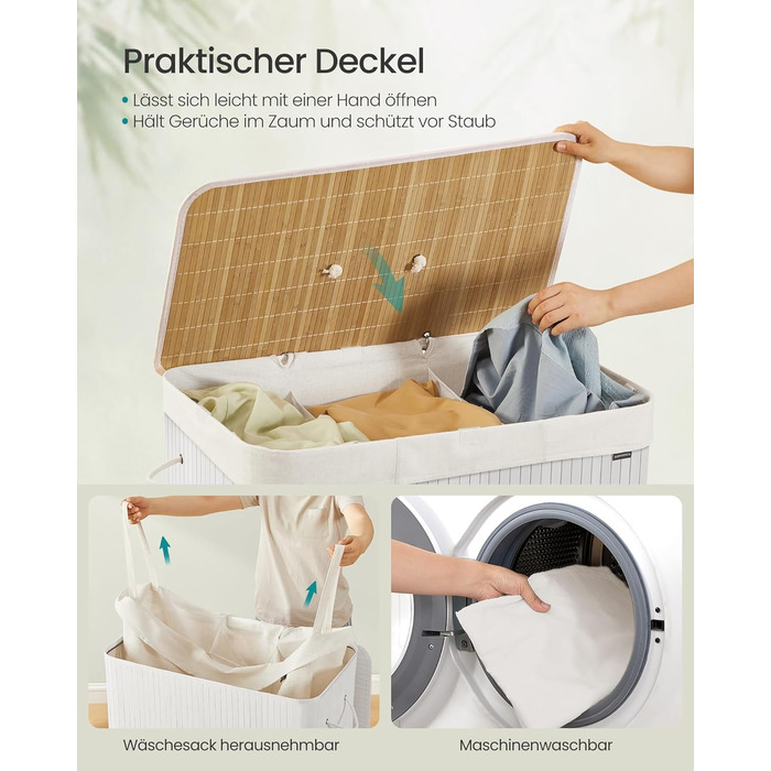 SONGMICS Кошик для білизни з кришкою, 2 відділення, бамбук, складний, знімний мішок для прання, з ручками, 170 л, білий