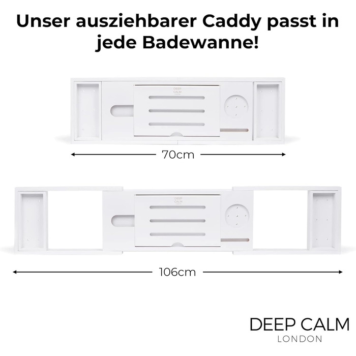 Підставка для ванни Deep Calm з бамбука - регульована, антиковзка, для книг, iPad, телефону, склянки, свічки (біла)