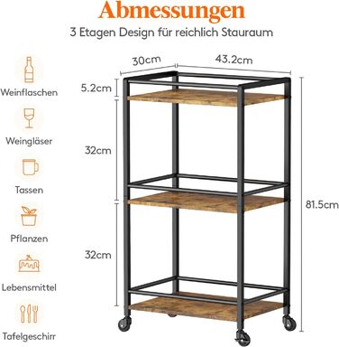 Кухонний візок Lifewit з 3 рівнями, сервірувальний візок на колесах, візок-бар для кухні, вітальні, їдальні, офісу (колір: коричневий, розмір: 43,2 x 30 x 81,5 см)