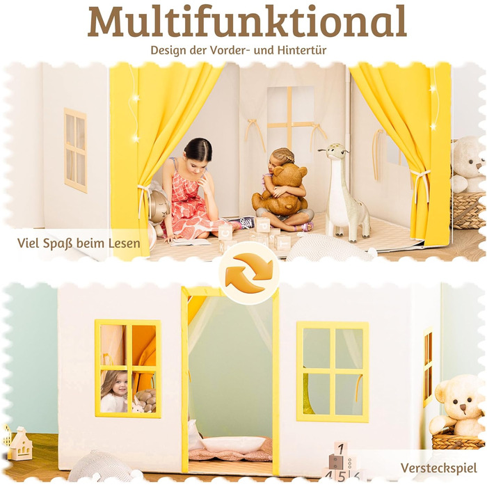 Дитяче намет-будиночок EROMMY 2-в-1 з килимком, прапорцями та світлодіодними смугами, з двома дверцятами, з даховим віконцем, для дому, від 3 років (Жовтий)