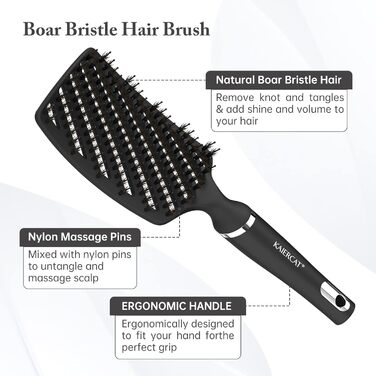 Щітка Kaiercat Boar Hair Brush - розплутує густе волосся, швидше висихає, 100 натуральна щетина (чорна)