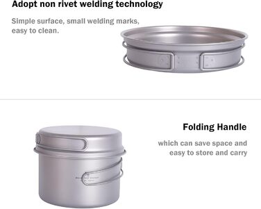 Набір кухонного посуду iBasingo Titan Topf Pfanne Set 1200мл & 500мл: каструля, сковорода, миска для кемпінгу, туризму, приготування їжі на природі. Легкий набір з 2 шт. з розкладним ручками. Ідеально для 1 особи. Ti2110C