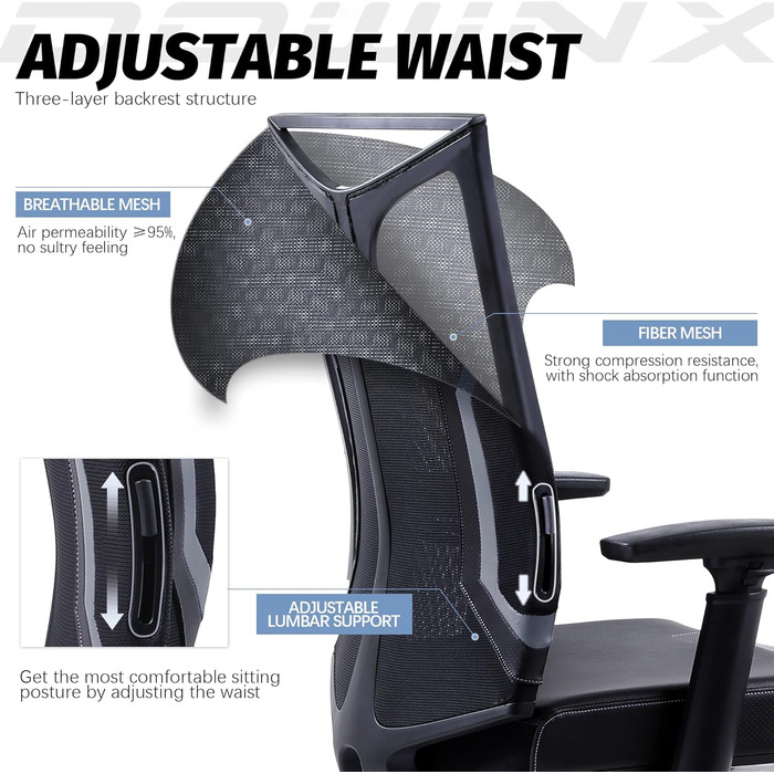 Ігровий крісло Dowinx для офісу та дому: ергономічне, з 3D підлокітниками, функцією гойдання, шкіряне, поворотне, чорно-сіре