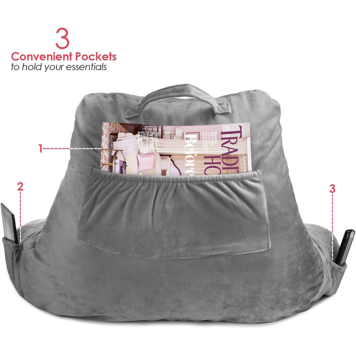 Подушка для читання Clara Clark з підлокітниками для дітей та дорослих – преміум подушка з піною з пам'яті для перегляду телевізора та сидіння в ліжку – сіра, середнього розміру