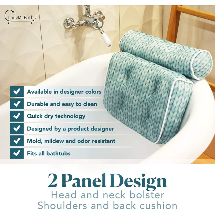 Подушка для ванни Lady McBath – розкішна подушка для ванни з підтримкою шиї та спини, потужні присоски, можна прати в машині, аксесуар для ванни для релаксації (блакитний)