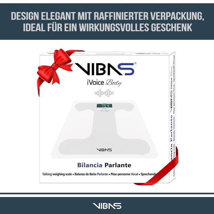 Ваги для ванної кімнати VIBAS iVoice Body Talking, для сліпих або літніх людей, розмовляє 5 мовами, чіткий голос, повторення ваги, регульована гучність, в т.ч. батарейки білі
