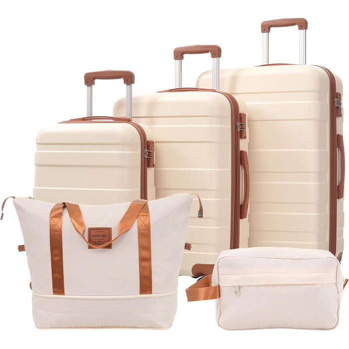 Набір валіз Merax 5 шт. (M-L-XL) з ABS-пластику, TSA-замок, розширювані, з сумкою та косметичкою (Бежевий)