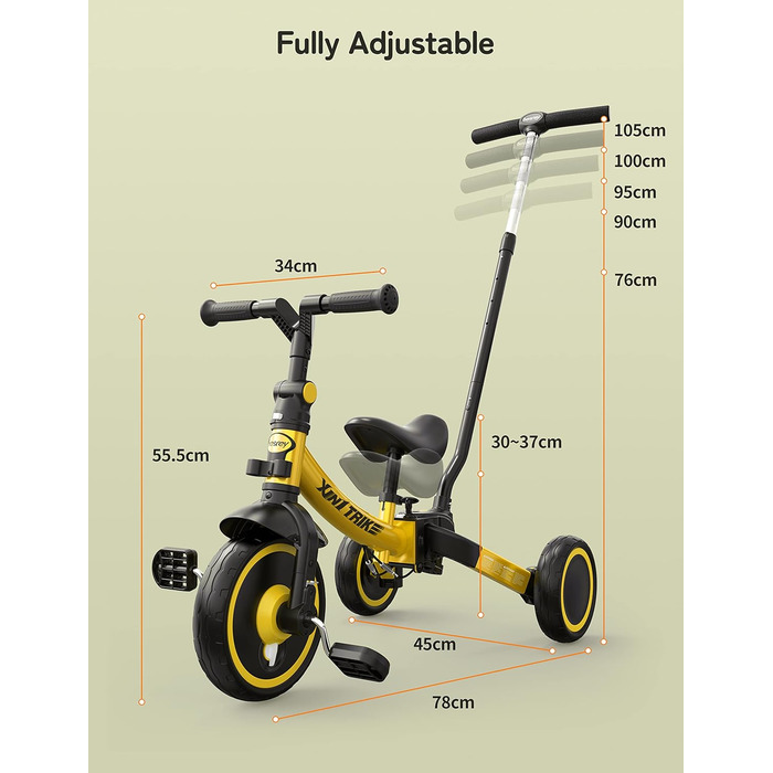 Бесрей 5-в-1 Дитячий Біговел, Триколісний Велосипед для Малюків 1-4 Років (Жовтий з Ручкою)