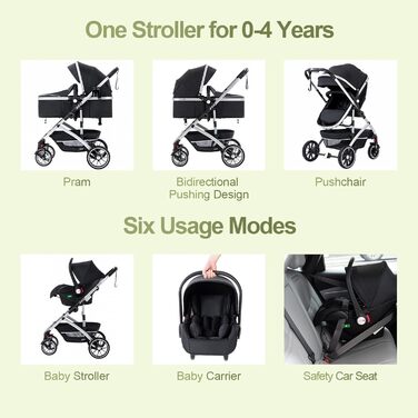 Дитяча коляска 3 в 1 Gcarebb з автокріслом, компактна та легка, для новонароджених 0-4 роки (рожева)