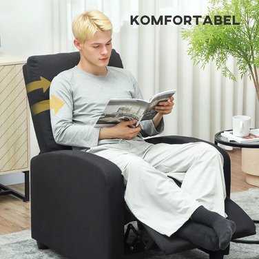 Крісло HOMCOM для відпочинку, регульоване на 135°, з висувною підніжкою, м'якими спинками, обтягнуте льоном та поліестером, чорного кольору.