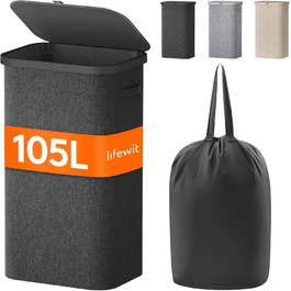 Кошик для білизни Lifewit 105L з кришкою, сірий, великий, складний, для спальні, ванної кімнати