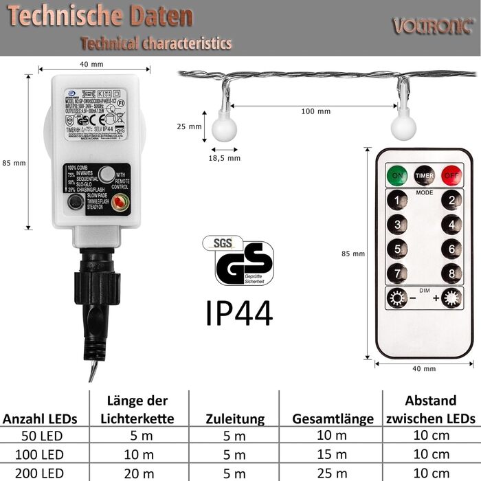 Ланцюжок для вечірок VOLTRONIC LED, IP44, пульт дистанційного керування, 200 кольорових світлодіодів, для внутрішнього та зовнішнього використання