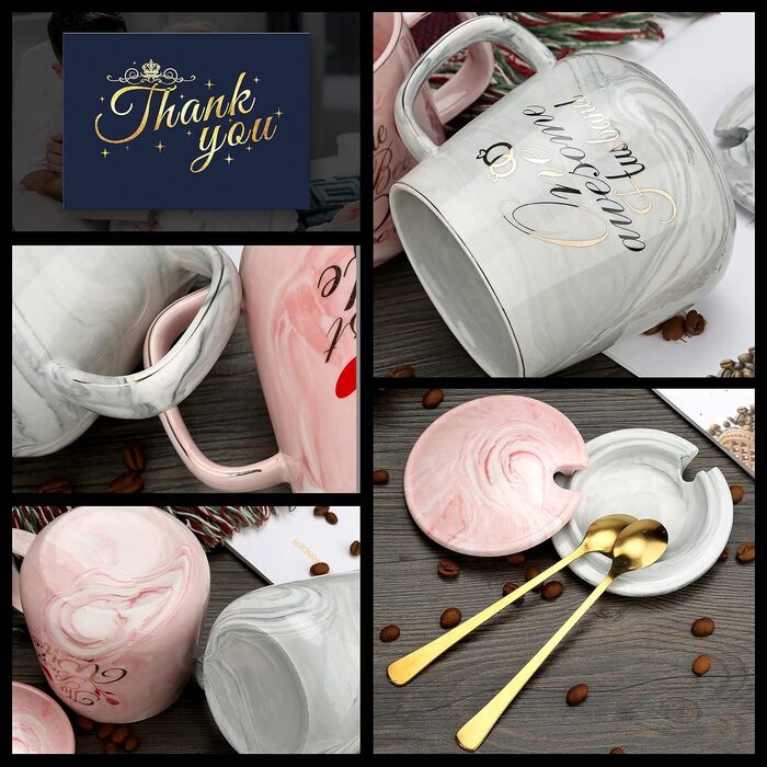 Набір кавових чашок для пари: подарунок на весілля, заручини, для наречених, 370 мл, кераміка-мрамор, овальні