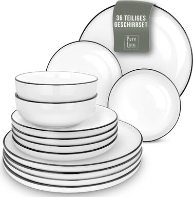 Набір посуду 12 персон Скандинавський стиль - Premium Porcelain білий 36 предметів - Набір посуду для посудомийної машини та мікрохвильової печі - Столовий сервіз, набір мисок і тарілок - Стильний посуд, Набір посуду з 36 предметів