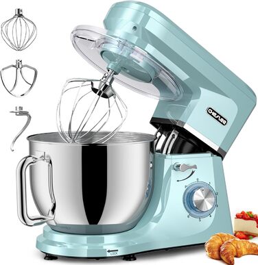 Кухонна машина Cheflee 2000W: потужна планетарна міксер для тіста та збивання, 6 швидкостей, 7.2 л чаша з нержавіючої сталі, гак для тіста та вінчик, захист від бризок (блакитна)