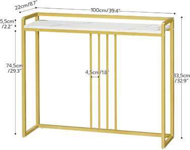 Консольний столик, мармуровий шпон, білий/золотий, вузький, сучасний, для передпокою, вітальні, кухні, передпокою, 100