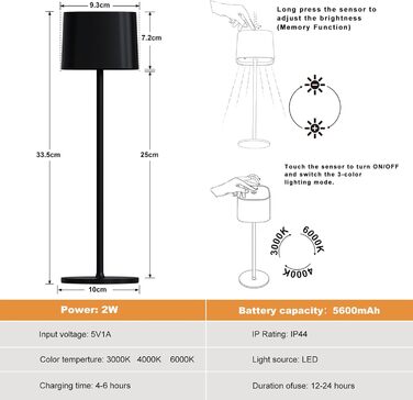 Світлодіодна бездротова настільна лампа на акумуляторі, сенсорний затемнення, USB-C, 5600 мАг, портативний для приміщення/вулиці, 2 шт.