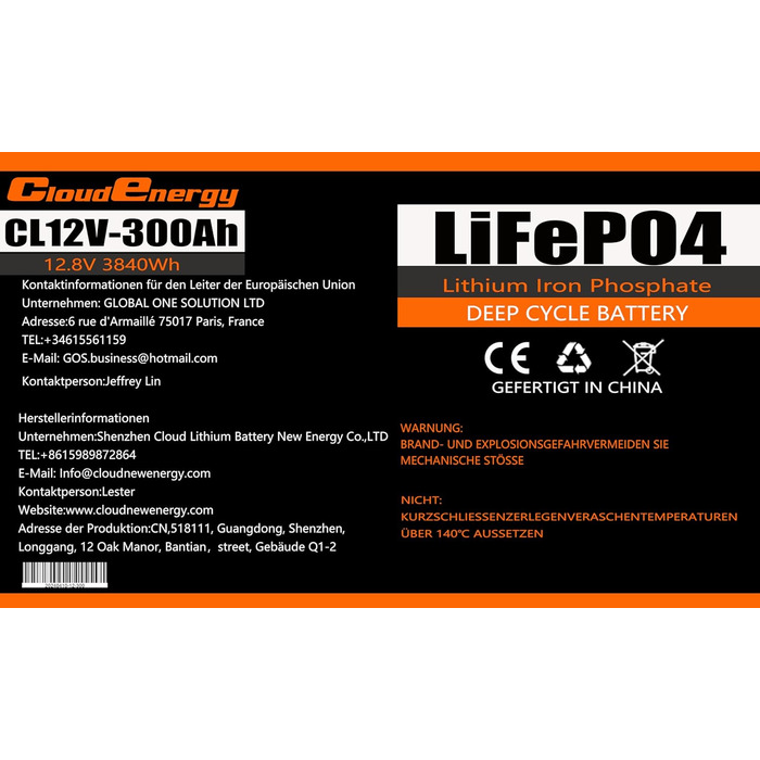 Акумулятор LiFePO4 Cloudenergy 12,8 В 300 Ач, 100 А BMS, 6000 циклів, 10 років, для автономної мережі, дому, автофургону, сонячної батареї