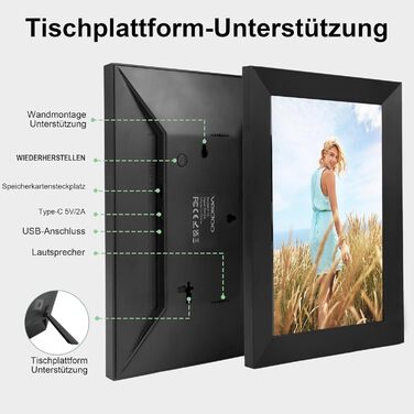 Цифровий фоторамка Veidoo 10.1 дюйма, IPS-сенсорний екран 1280x800, 32GB, для сімейних фото, з Wi-Fi, Frameo App (Чорний)