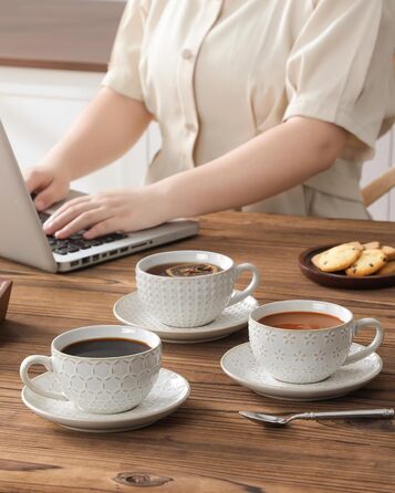 Набір посуду MALACASA LYDIA для 4 осіб (16 предметів) з кераміки з рельєфом, бежевий (4 чашки 180 мл)