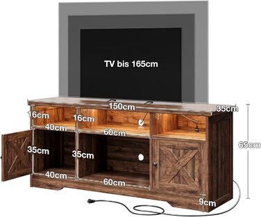 Тумба під телевізор Coleshome з розетками, USB, LED, 4 відкритими полицями та 2 шухлядами, 150x35x65 см, білий та горіх