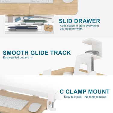 Підставка для клавіатури ETHU, висувна, 50x30 см з кріпленням C, для монтажу під столом, ергономічна, дерев'яна