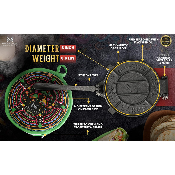 Набір пресів для тортильї MOVALUXE чавун 20,3 см, включаючи сумку для підігріву, тримач для тако, пергамент і електронну книгу з рецептами