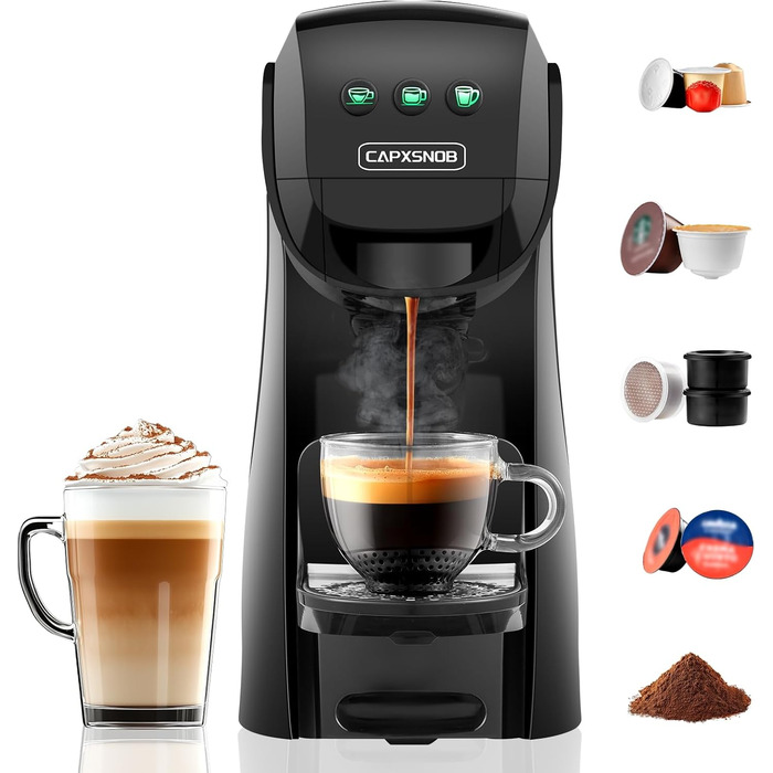 Кавомашина 5-в-1 Warriors1 для Nespresso, Dolce Gusto, Lavazza A Modo Mio, FAP Espresso Point та меленої кави, 20 bar, 0.8 л, автоматична, для дому та офісу, чорний