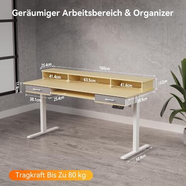 Регульований стіл WALKINGDESK для дому та офісу: електричний, з ящиками та підставкою для клавіатури (160x60 см, білий дуб)