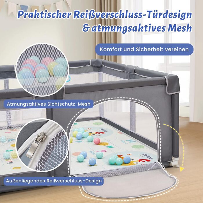 Манеж дитячий CHOLY для немовлят та малюків, 128x128 см (сірий з килимком 150x180 см) - безпечний, міцний, з сіткою та захистом