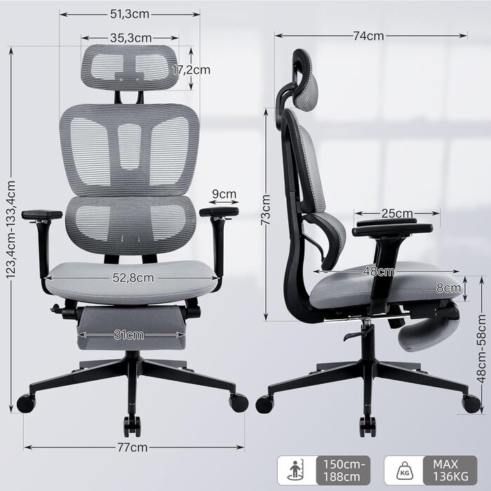Ергономічне крісло для офісу з підніжкою, висока спинка, 2D-підголівник, відкидні підлокітники, сидіння з губки, сітчастий офісний крісло, крісло для керівника, комп'ютерне крісло для дорослих (сірий)