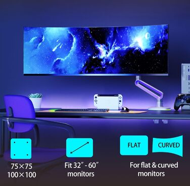 Кріплення для монітора NB Ergonomic RGB, сумісне з моніторами 32-60 дюймів, вантажопідйомність до 20 кг, VESA 75/100 мм (фіолетовий)