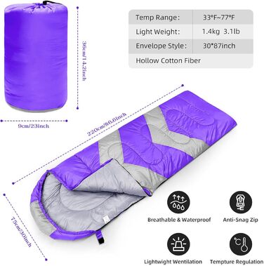 Спальний мішок Zusentee 3-4 сезони для кемпінгу на відкритому повітрі Теплий одномісний дорослий водонепроникний легкий ультралегкий спальний мішок для дорослих Діти Кемпінг Піші прогулянки, подорожі Фіолетовий