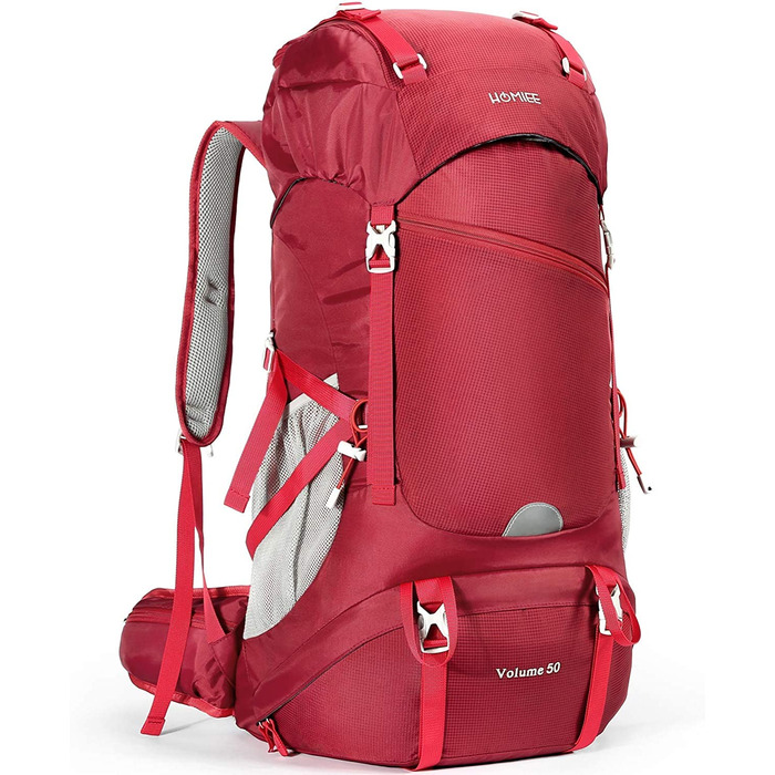 Похідний рюкзак HOMIEE 50 л, чоловічий і жіночий водонепроникний похідний рюкзак, дорожній рюкзак для активного відпочинку, похідний рюкзак з дощовиком, рюкзак для піших прогулянок, альпінізму, кемпінгу, подорожей, спорту (бордовий)