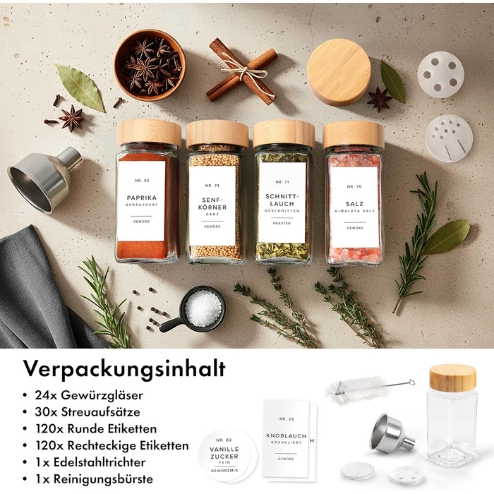 Набір скляних баночок для спецій кутовий (24 x 120 мл) з бамбуковими кришками. Включає ситечко для сипучих продуктів та 240 етикеток. Організатор спецій, 11x4,5 см.